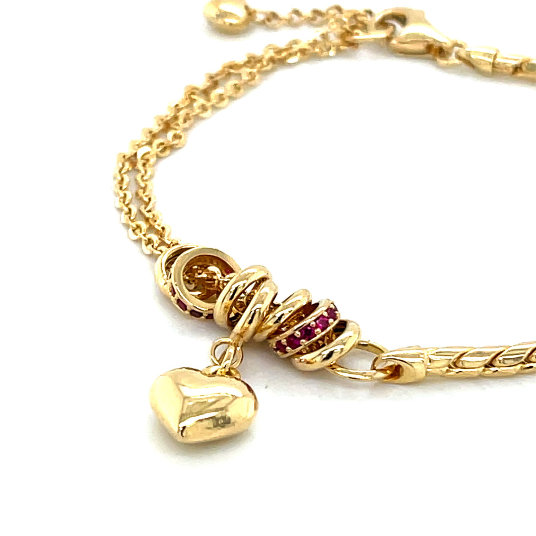 Heart Charm 18K Gold Bracelet with Ruby Accents