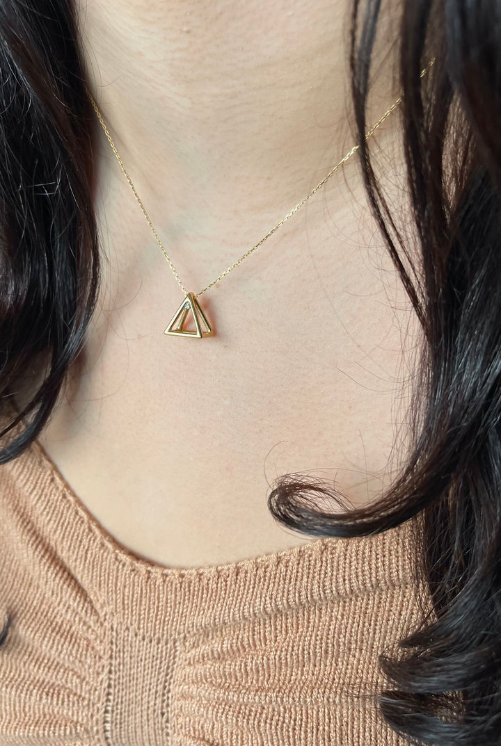 3D Pyramid 18K Gold Necklace with Diamond Accent
