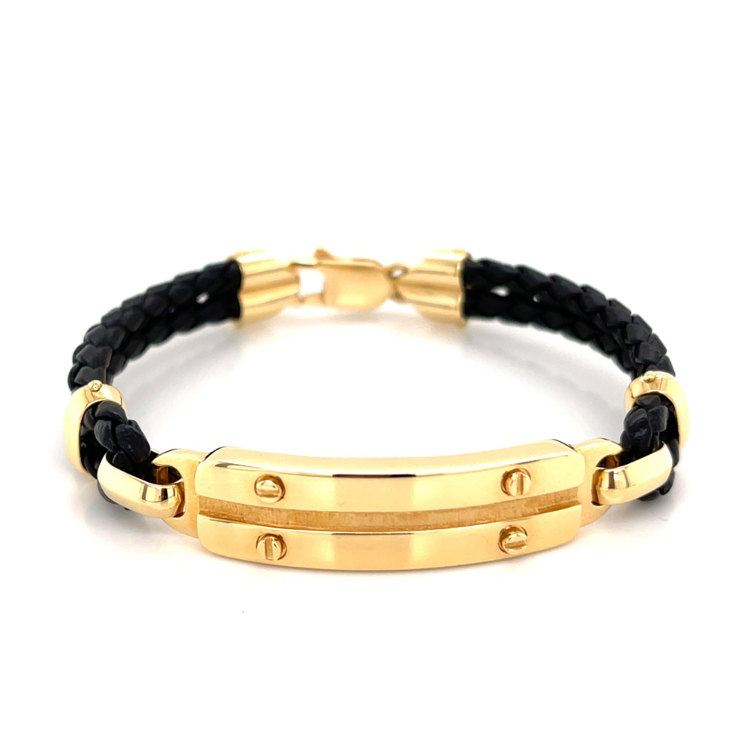Screw 18K Gold Rope Leather ID Bracelet