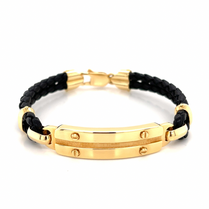 Screw 18K Gold Rope Leather ID Bracelet