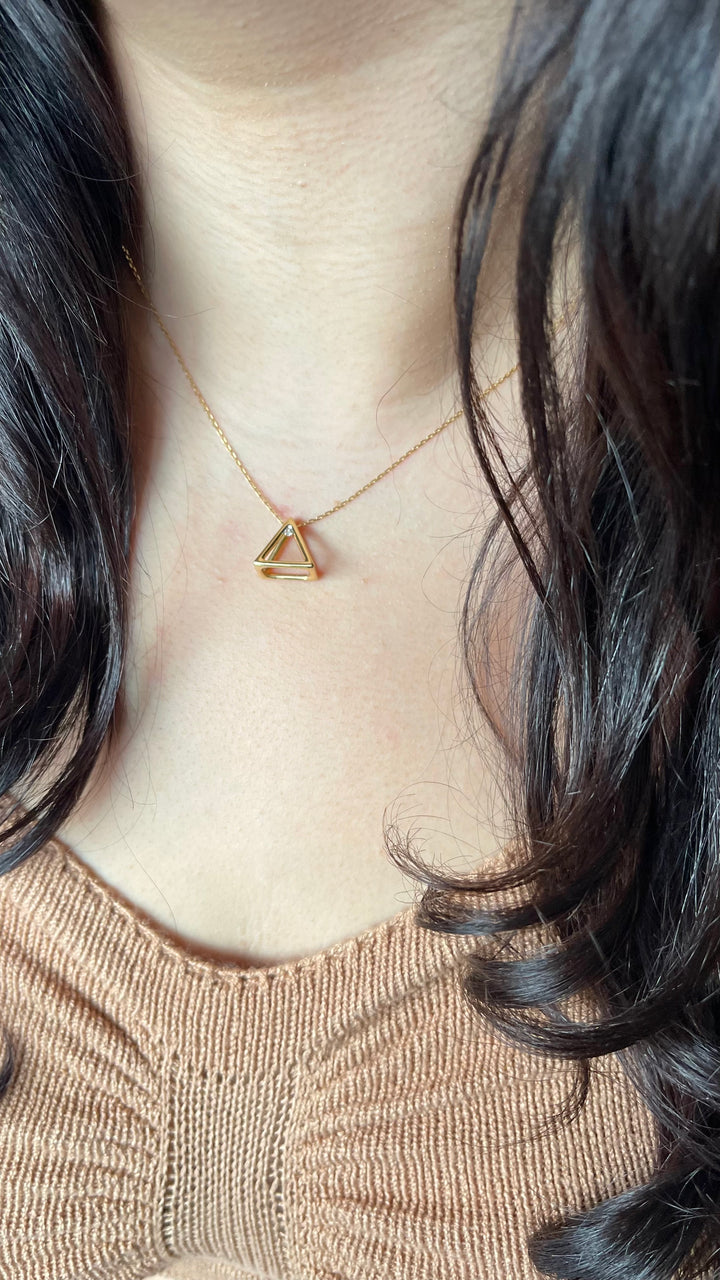 3D Pyramid 18K Gold Necklace with Diamond Accent