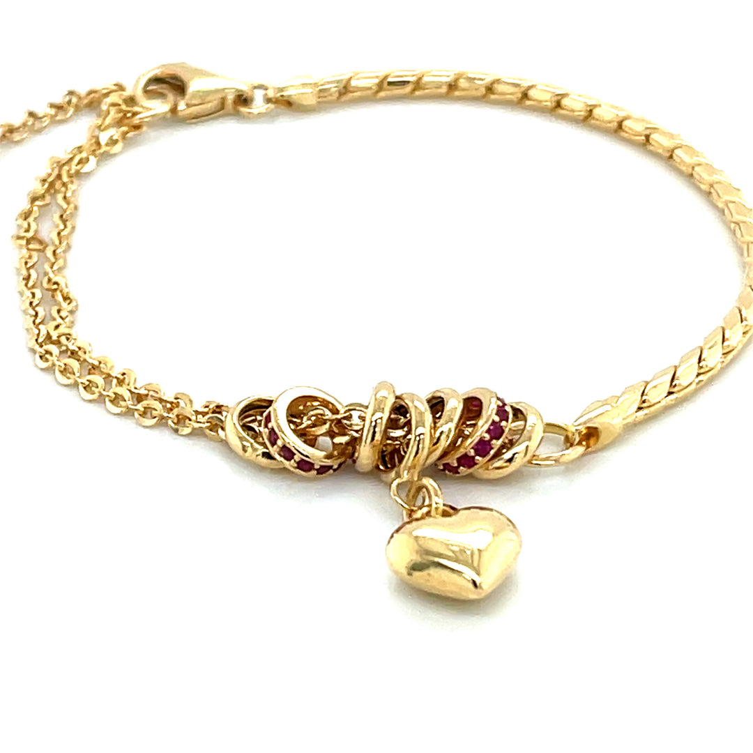 Heart Charm 18K Gold Bracelet with Ruby Accents