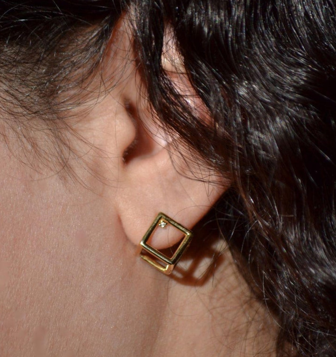 3D Cube 18K Gold Stud Earrings with Diamond Accents