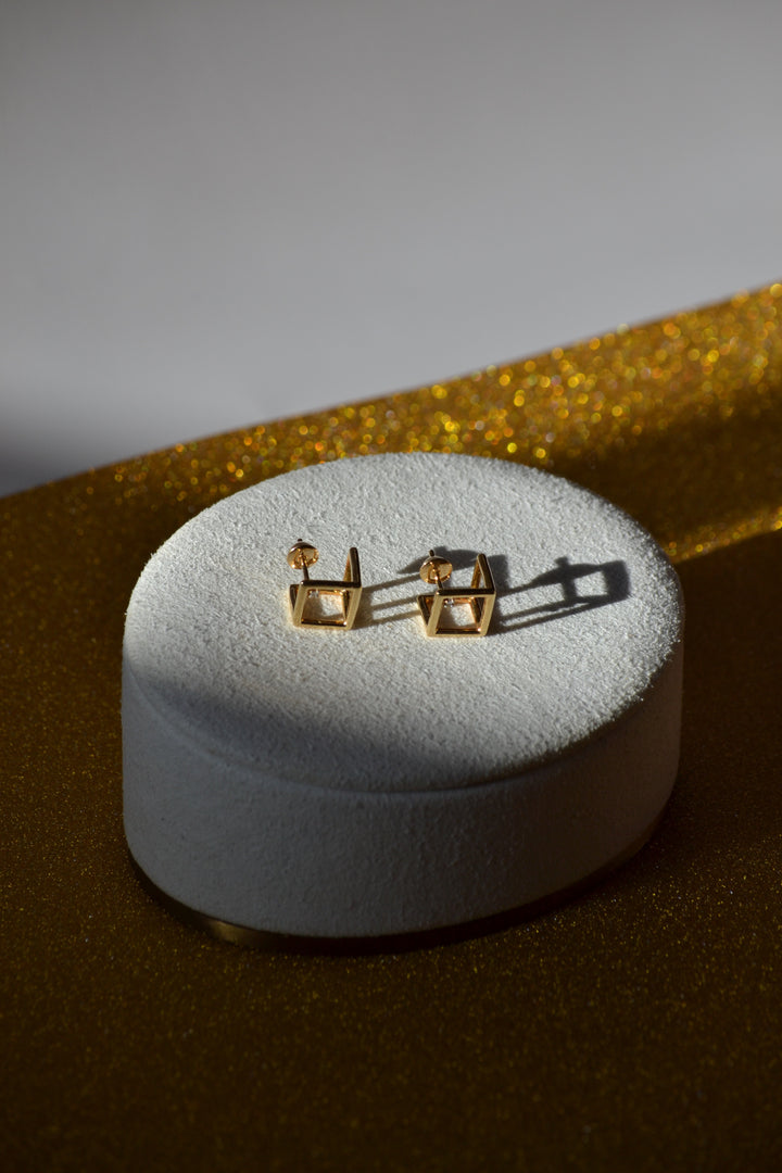 3D Cube 18K Gold Stud Earrings with Diamond Accents