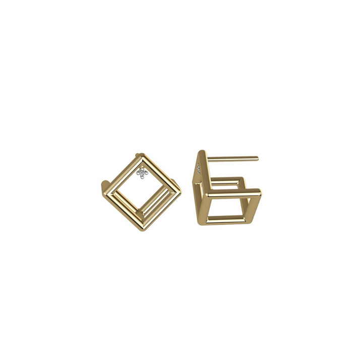 3D Cube 18K Gold Stud Earrings with Diamond Accents