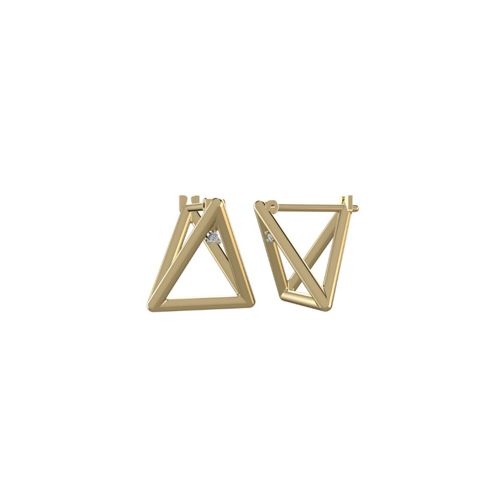 3D Pyramid 18K Gold Earrings with Diamond Accents