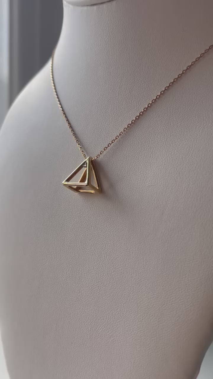 3D Pyramid 18K Gold Necklace with Diamond Accent