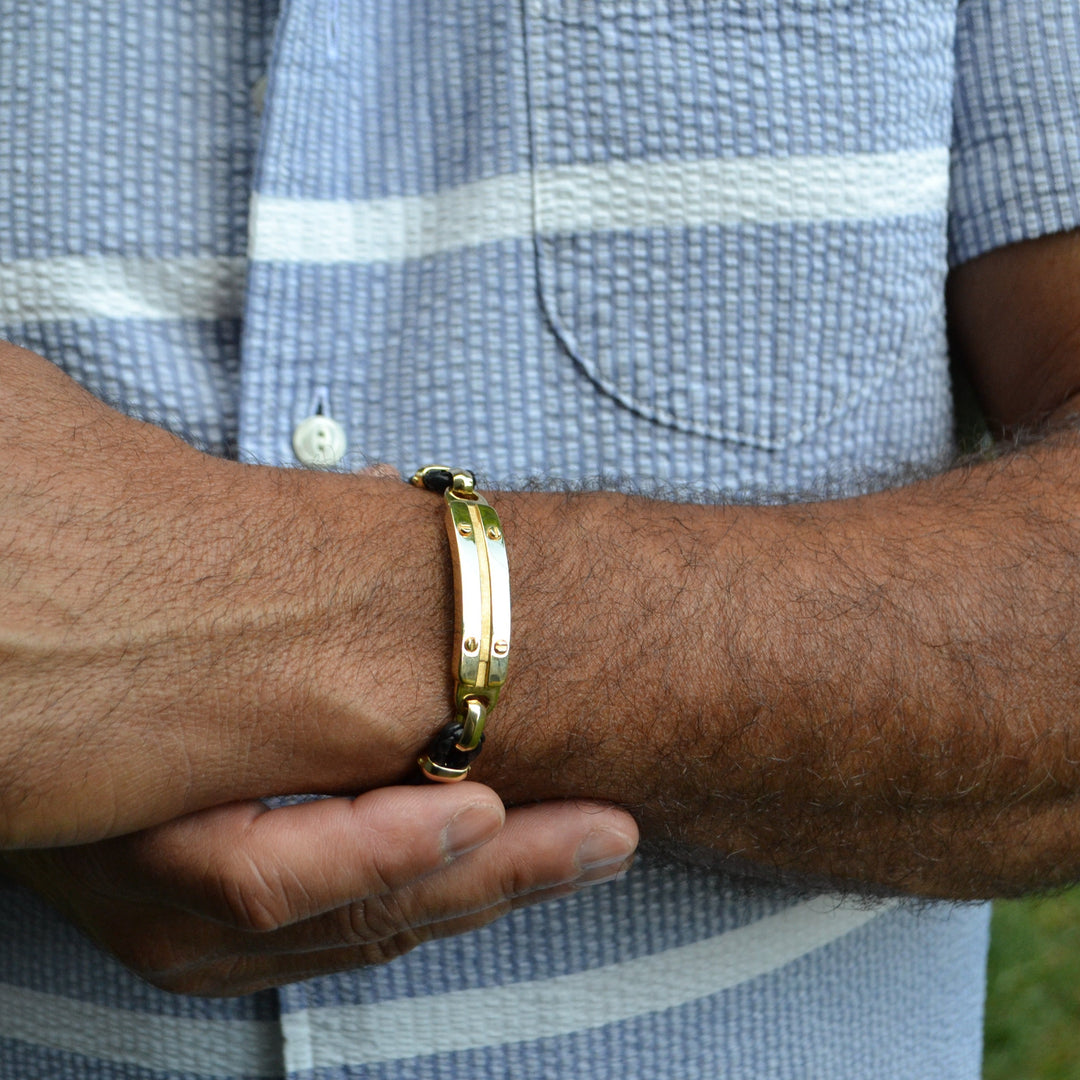 Screw 18K Gold Rope Leather ID Bracelet