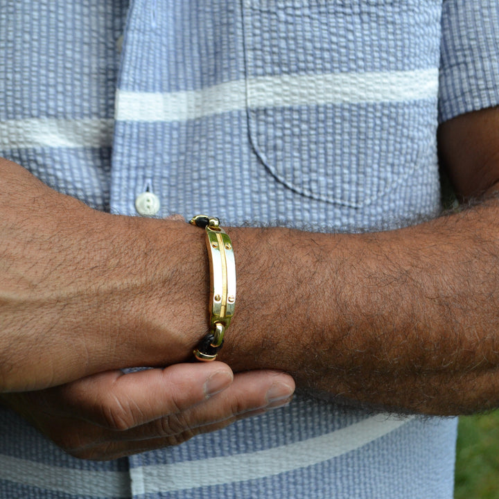 Screw 18K Gold Rope Leather ID Bracelet