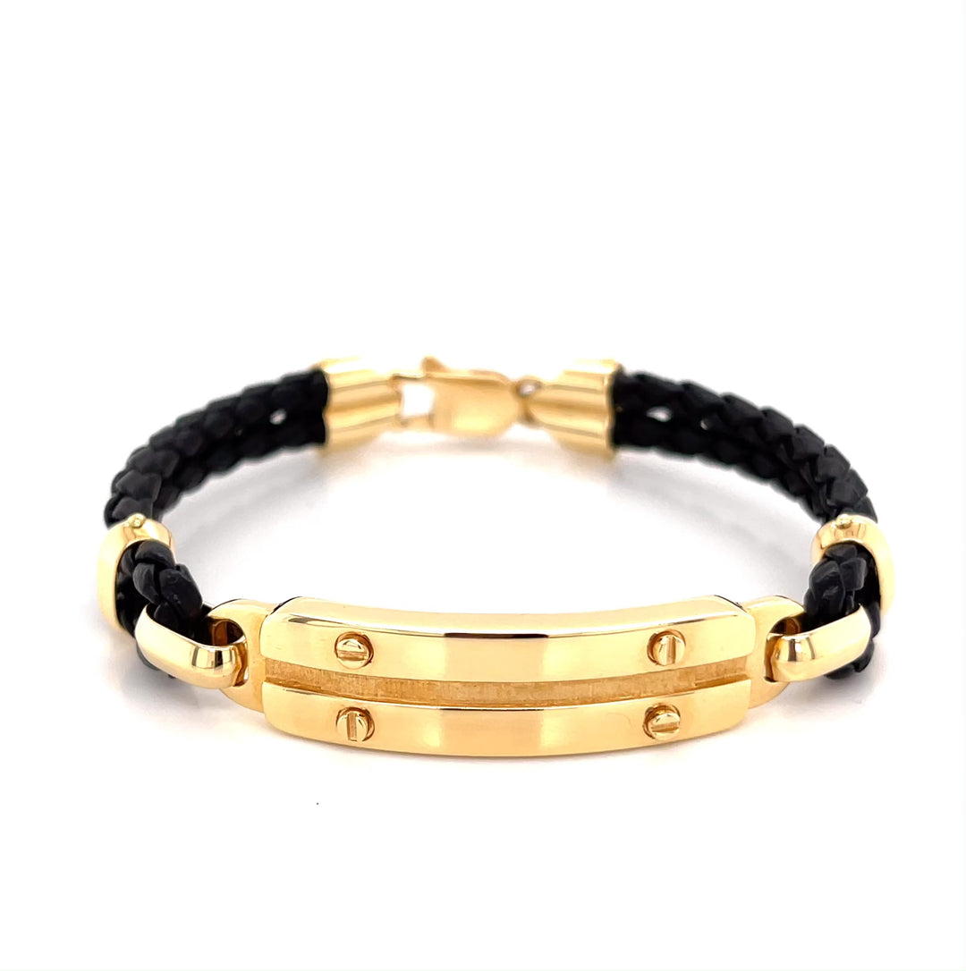 Screw 18K Gold Rope Leather ID Bracelet