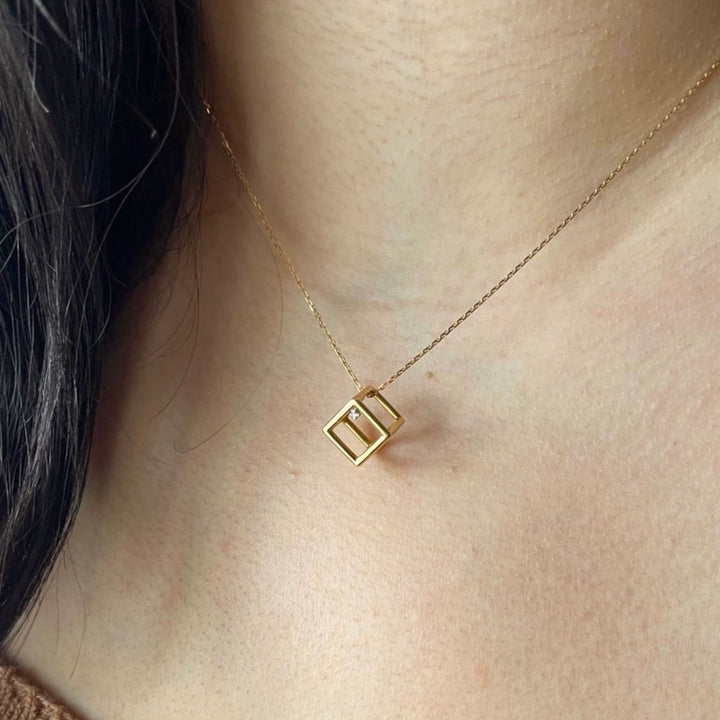 3D 18K Yellow Gold Geometric Cube Necklace with Diamond Accent