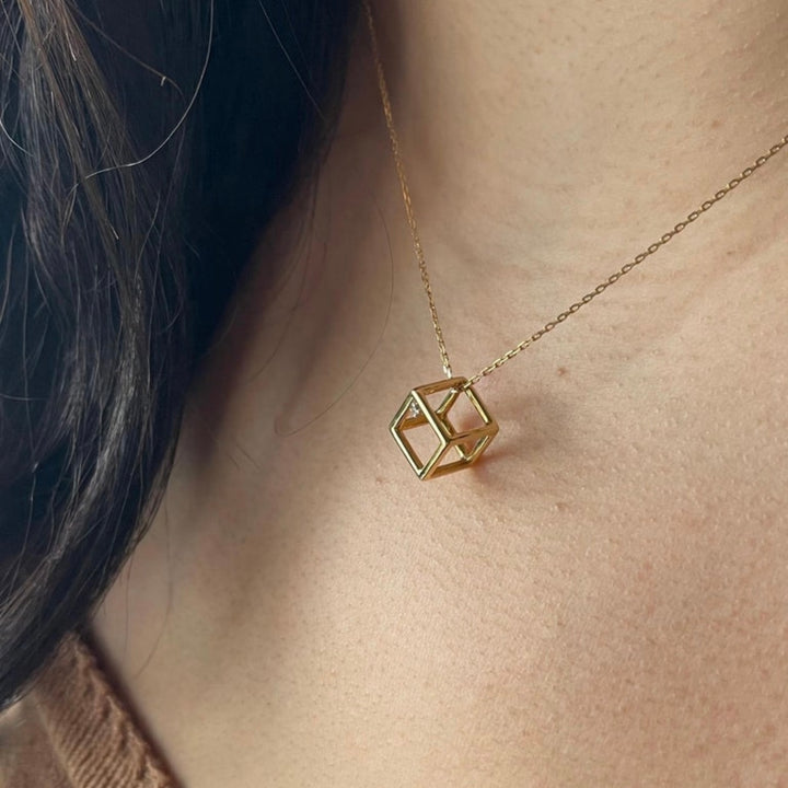 3D 18K Yellow Gold Geometric Cube Necklace with Diamond Accent