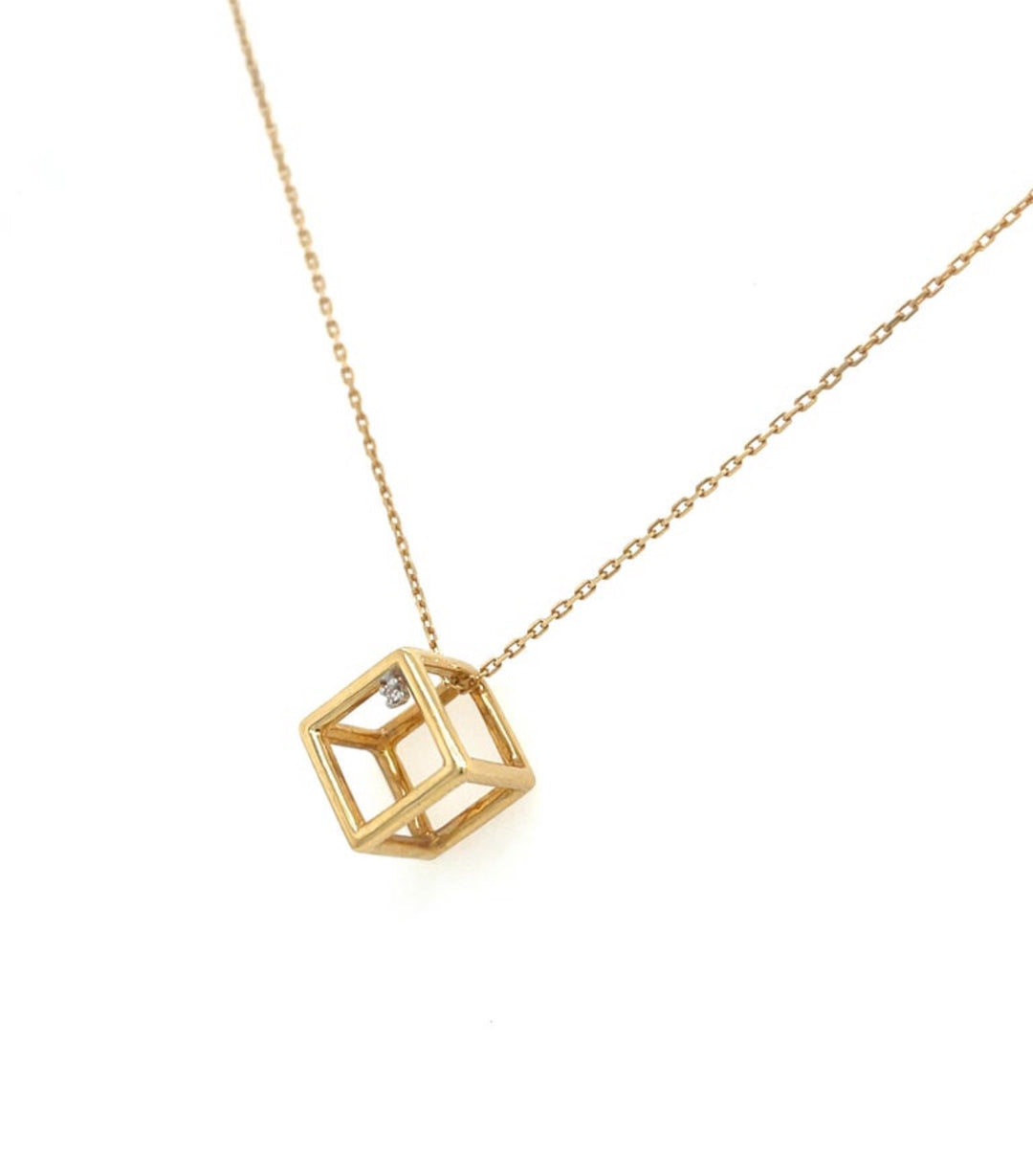 3D 18K Yellow Gold Geometric Cube Necklace with Diamond Accent