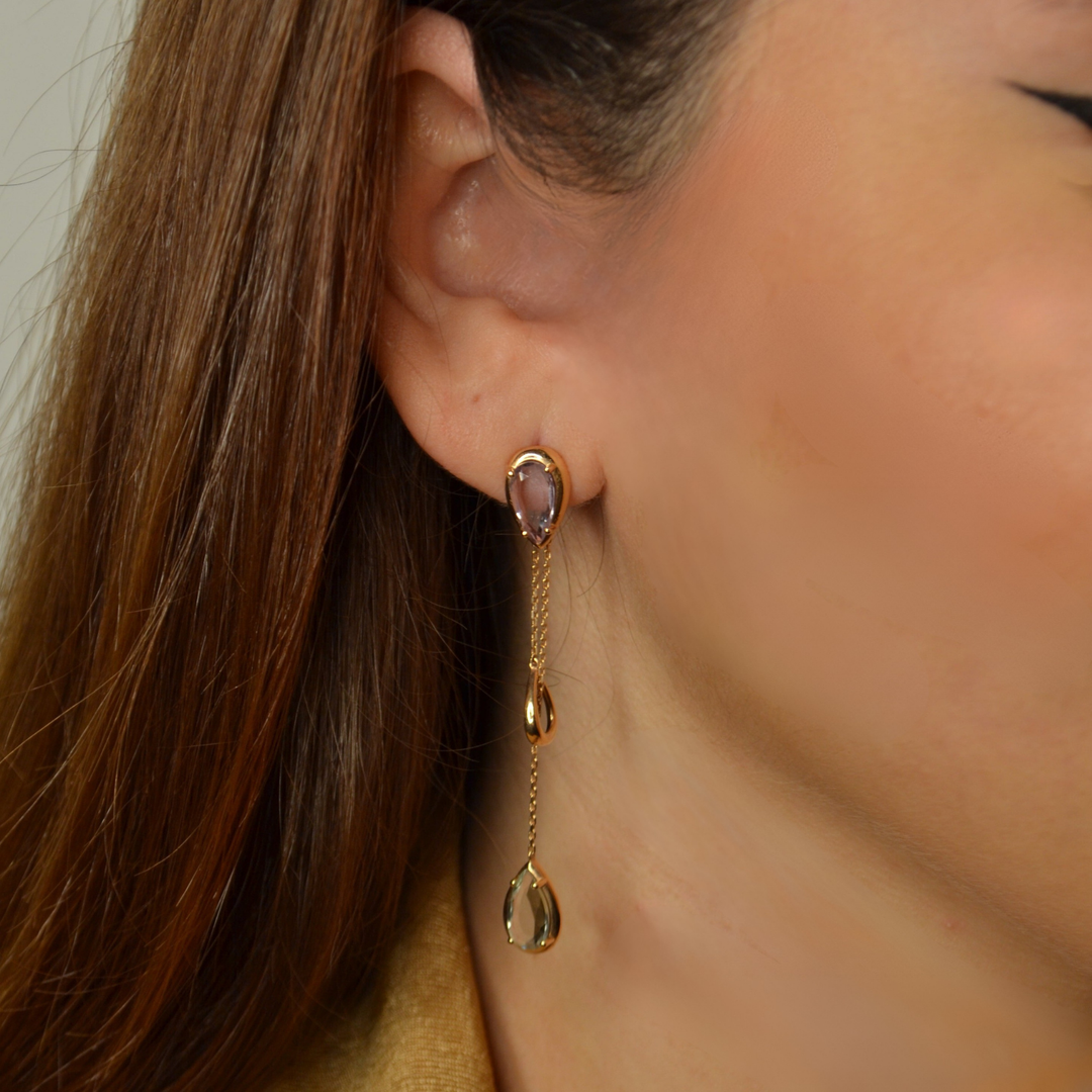 Amethyst &amp; Prasiolite 18K Rose Gold Double Drop Earrings