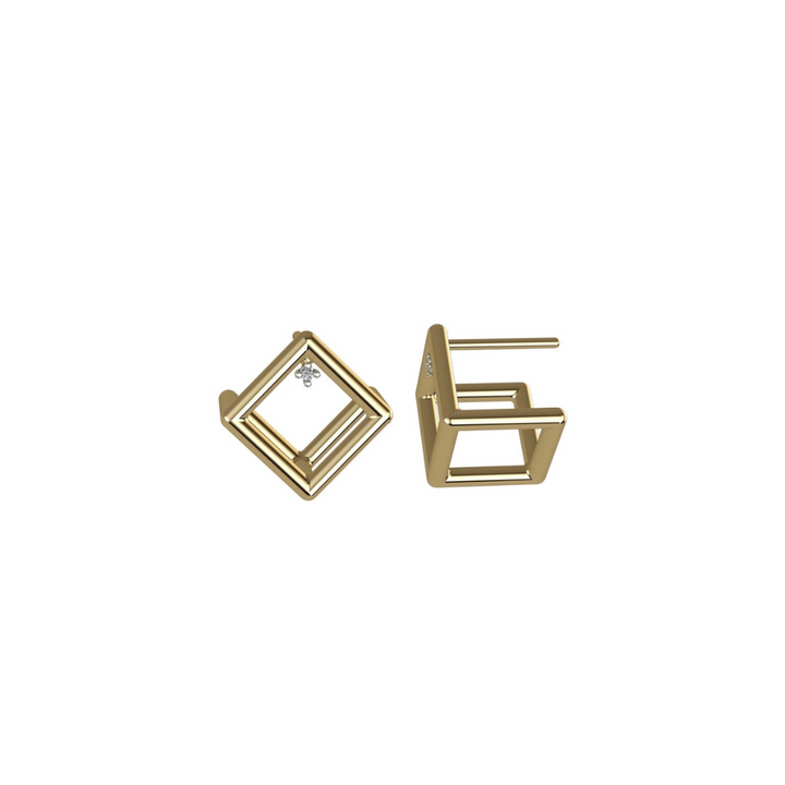 18K Yellow Gold 3D Cube Earrings with White Diamond Accents